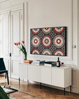 Otomi Farm XIV by Veronique Charron. shown as a framed stretched canvas in a living room above a console. Available as a archival giclee rolled canvas, fine art paper, or poster print. SKU 42393i.