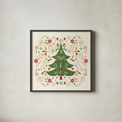 Otomi Holiday IX by Veronique Charron. Shown in a sleek black glass frame for a contemporary gallery look. Available as an archival giclee rolled canvas, fine art paper, or poster print. SKU 45522a.