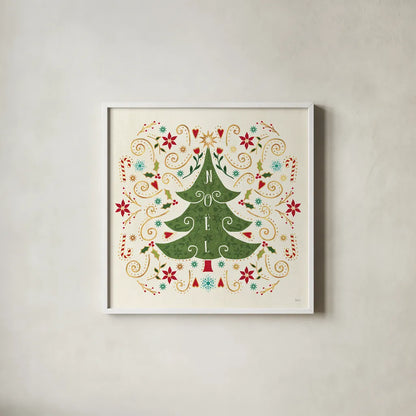 Otomi Holiday IX by Veronique Charron. Shown in a crisp white glass frame for a clean and minimalist style. Available as an archival giclee rolled canvas, fine art paper, or poster print. SKU 45522a.