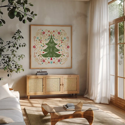 Otomi Holiday IX by Veronique Charron. Shown in a natural wood frame in a cozy modern living room. Available as an archival giclee rolled canvas, fine art paper, or poster print. SKU 45522a.