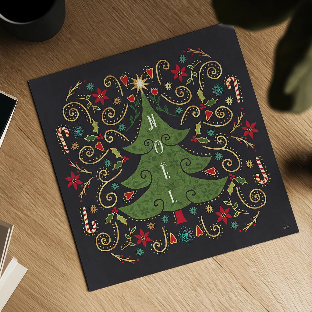 Otomi Holiday IX Black by Veronique Charron. Shown as a detailed flat fine art print, highlighting archival giclee quality. Available as an archival giclee rolled canvas, fine art paper, or poster print. SKU 45530a.