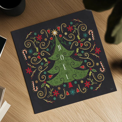 Otomi Holiday IX Black by Veronique Charron. Shown as a detailed flat fine art print, highlighting archival giclee quality. Available as an archival giclee rolled canvas, fine art paper, or poster print. SKU 45530a.