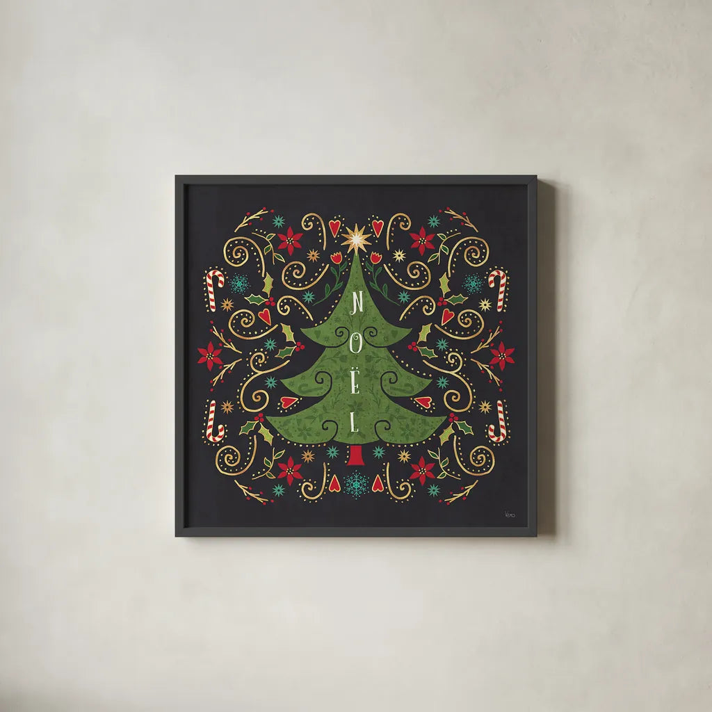 Otomi Holiday IX Black by Veronique Charron. Shown in a sleek black glass frame for a contemporary gallery look. Available as an archival giclee rolled canvas, fine art paper, or poster print. SKU 45530a.