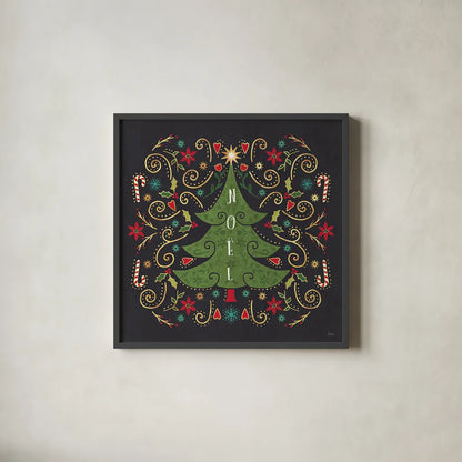 Otomi Holiday IX Black by Veronique Charron. Shown in a sleek black glass frame for a contemporary gallery look. Available as an archival giclee rolled canvas, fine art paper, or poster print. SKU 45530a.