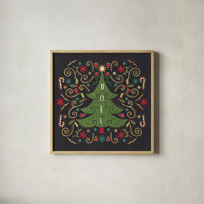 Otomi Holiday IX Black by Veronique Charron. Shown in a natural wood glass frame for a timeless modern aesthetic. Available as an archival giclee rolled canvas, fine art paper, or poster print. SKU 45530a.