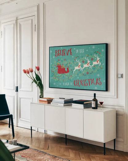 Otomi Holiday V by Veronique Charron. shown as a framed stretched canvas in a living room above a console. Available as a archival giclee rolled canvas, fine art paper, or poster print. SKU 45518i.