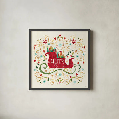 Otomi Holiday VI by Veronique Charron. Shown in a sleek black glass frame for a contemporary gallery look. Available as an archival giclee rolled canvas, fine art paper, or poster print. SKU 45519a.