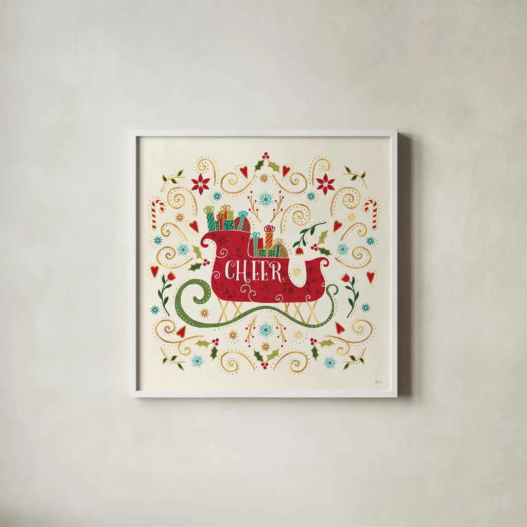 Otomi Holiday VI by Veronique Charron. Shown in a crisp white glass frame for a clean and minimalist style. Available as an archival giclee rolled canvas, fine art paper, or poster print. SKU 45519a.