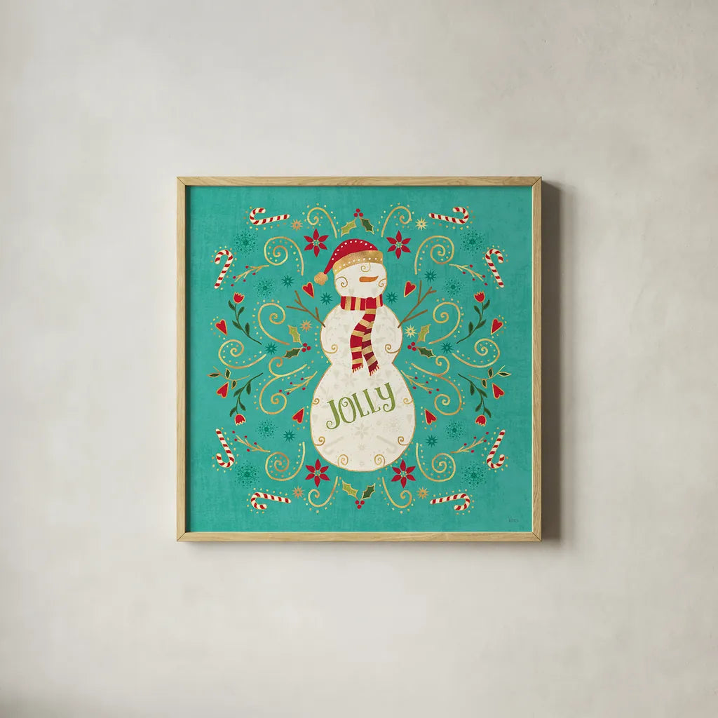 Otomi Holiday VII by Veronique Charron. Shown in a natural wood glass frame for a timeless modern aesthetic. Available as an archival giclee rolled canvas, fine art paper, or poster print. SKU 45520a.