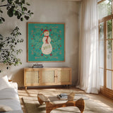 Otomi Holiday VII by Veronique Charron. Shown in a natural wood frame in a cozy modern living room. Available as an archival giclee rolled canvas, fine art paper, or poster print. SKU 45520a.