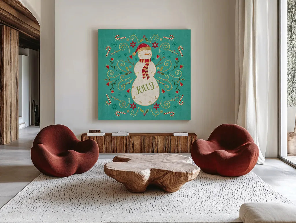 Otomi Holiday VII by Veronique Charron. Shown as extra-large giant wall art in a modern living room. Available as an archival giclee rolled canvas, fine art paper, or poster print. SKU 45520a.