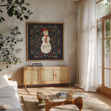 Otomi Holiday VII Black by Veronique Charron. Shown in a natural wood frame in a cozy modern living room. Available as an archival giclee rolled canvas, fine art paper, or poster print. SKU 45528a.