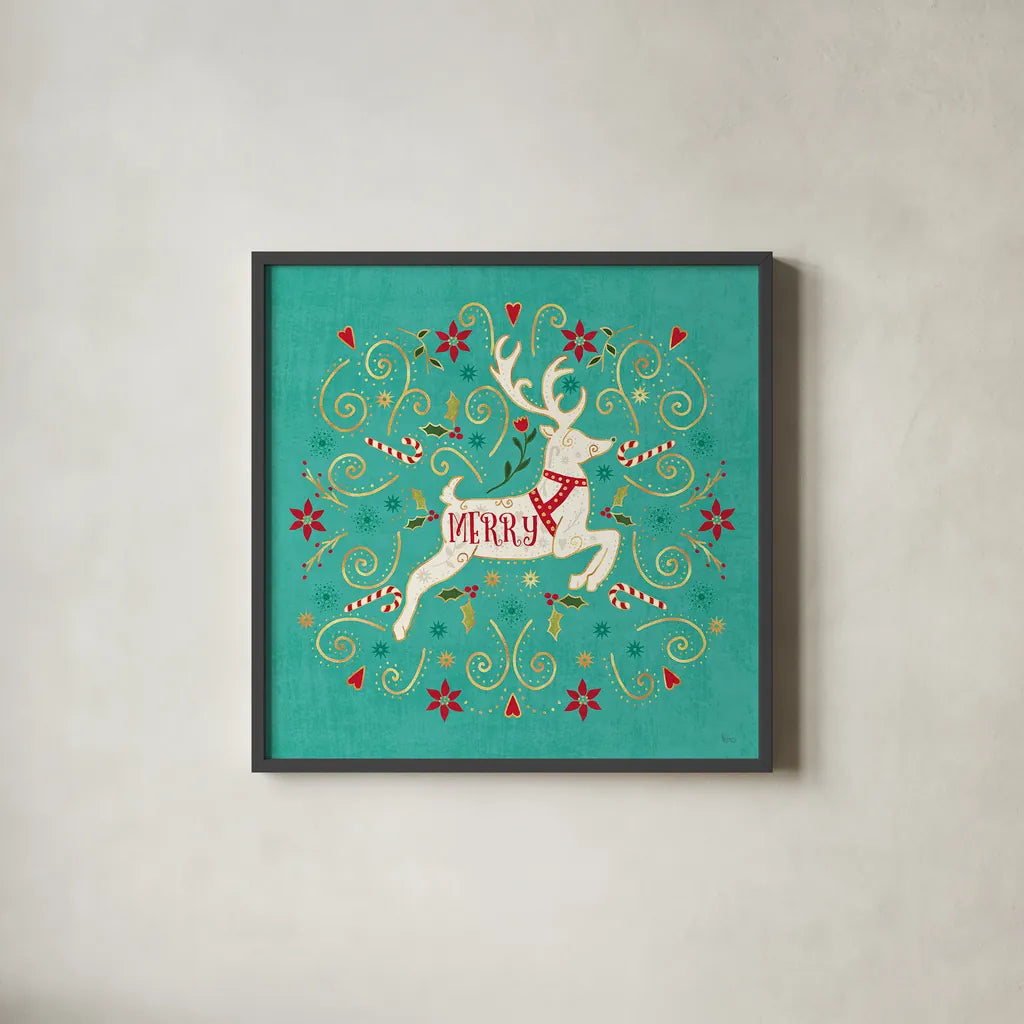 Otomi Holiday VIII by Veronique Charron. Shown in a sleek black glass frame for a contemporary gallery look. Available as an archival giclee rolled canvas, fine art paper, or poster print. SKU 45521a.