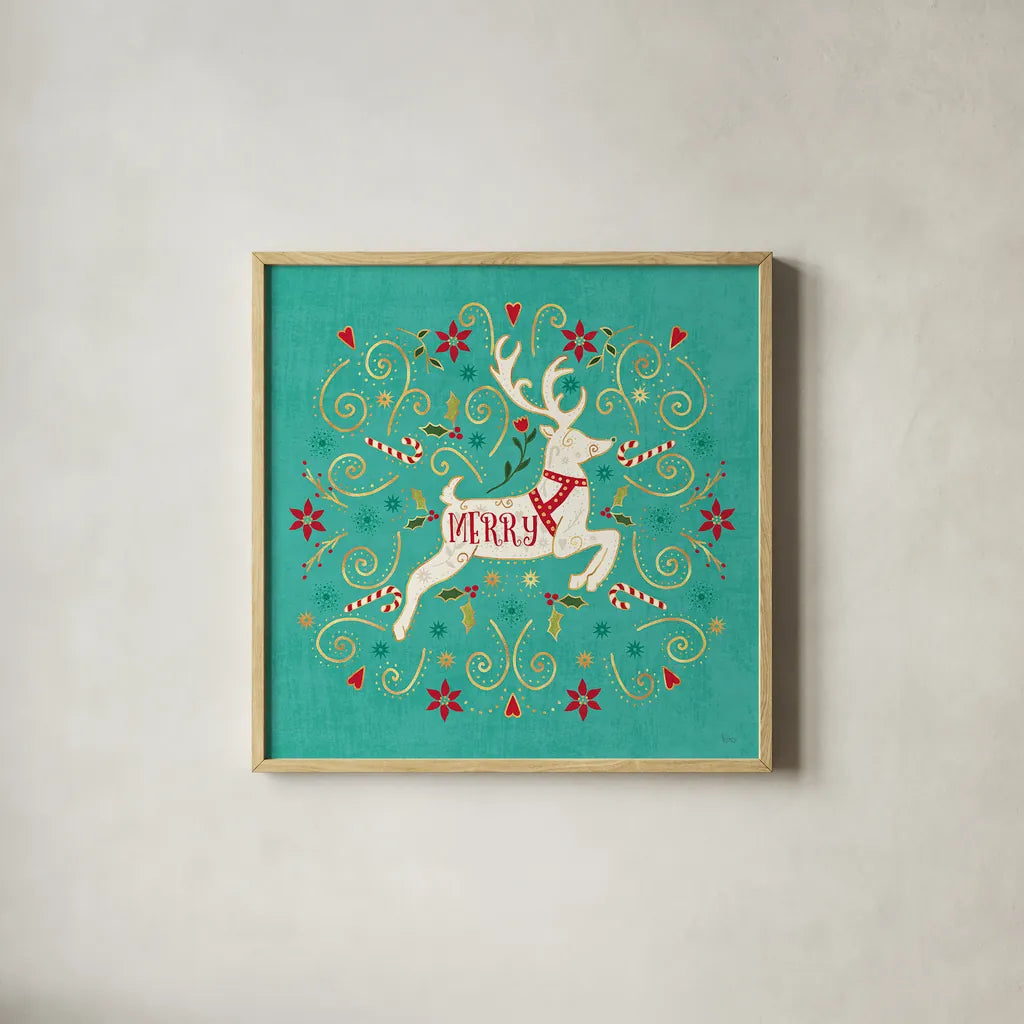 Otomi Holiday VIII by Veronique Charron. Shown in a natural wood glass frame for a timeless modern aesthetic. Available as an archival giclee rolled canvas, fine art paper, or poster print. SKU 45521a.