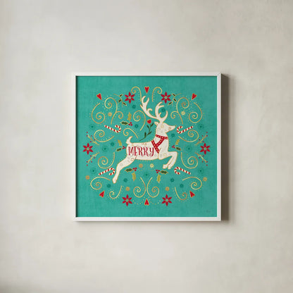 Otomi Holiday VIII by Veronique Charron. Shown in a crisp white glass frame for a clean and minimalist style. Available as an archival giclee rolled canvas, fine art paper, or poster print. SKU 45521a.