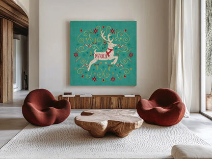 Otomi Holiday VIII by Veronique Charron. Shown as extra-large giant wall art in a modern living room. Available as an archival giclee rolled canvas, fine art paper, or poster print. SKU 45521a.