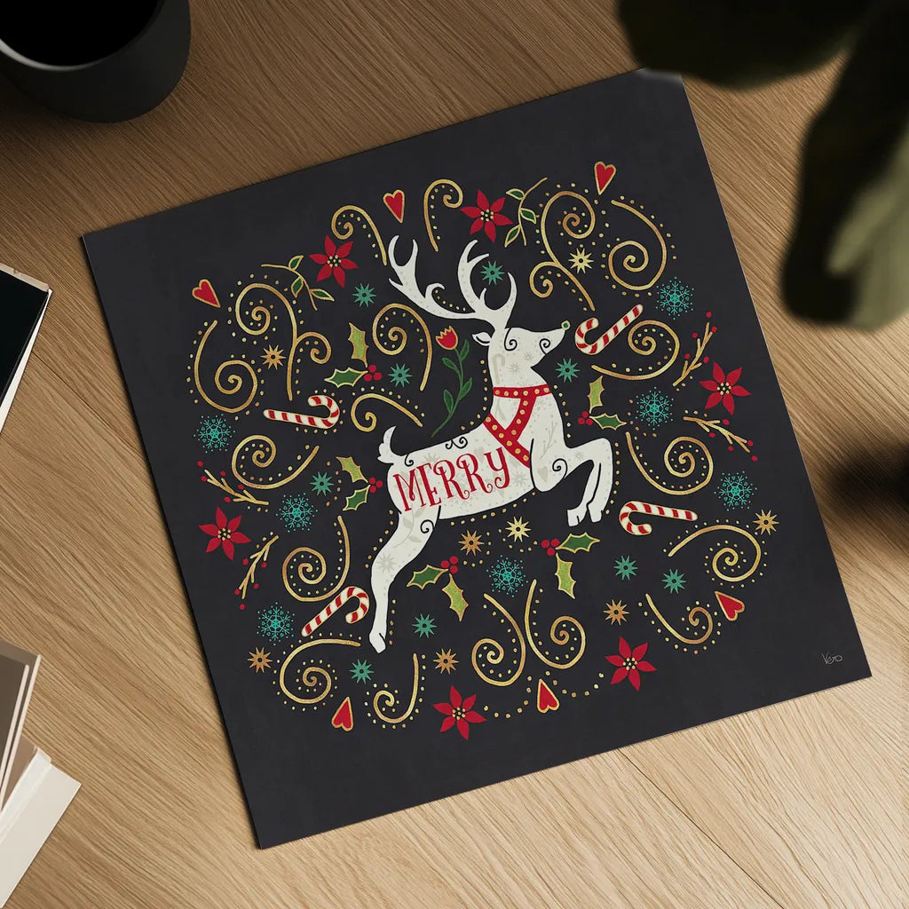 Otomi Holiday VIII Black by Veronique Charron. Shown as a detailed flat fine art print, highlighting archival giclee quality. Available as an archival giclee rolled canvas, fine art paper, or poster print. SKU 45529a.