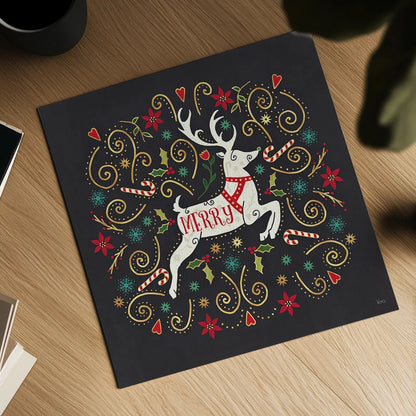 Otomi Holiday VIII Black by Veronique Charron. Shown as a detailed flat fine art print, highlighting archival giclee quality. Available as an archival giclee rolled canvas, fine art paper, or poster print. SKU 45529a.