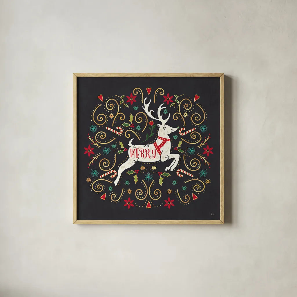 Otomi Holiday VIII Black by Veronique Charron. Shown in a natural wood glass frame for a timeless modern aesthetic. Available as an archival giclee rolled canvas, fine art paper, or poster print. SKU 45529a.