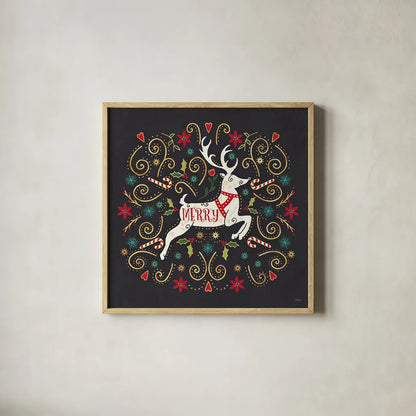 Otomi Holiday VIII Black by Veronique Charron. Shown in a natural wood glass frame for a timeless modern aesthetic. Available as an archival giclee rolled canvas, fine art paper, or poster print. SKU 45529a.