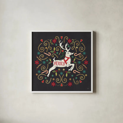 Otomi Holiday VIII Black by Veronique Charron. Shown in a crisp white glass frame for a clean and minimalist style. Available as an archival giclee rolled canvas, fine art paper, or poster print. SKU 45529a.