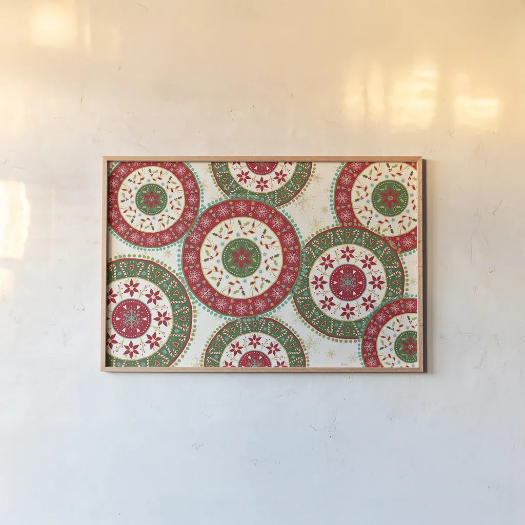 Otomi Holiday X by Veronique Charron. shown as a paper print in a natural frame. Available as a archival giclee rolled canvas, fine art paper, or poster print. SKU 45523i.