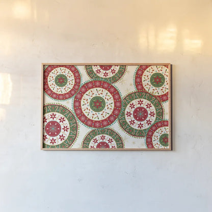 Otomi Holiday X by Veronique Charron. shown as a paper print in a natural frame. Available as a archival giclee rolled canvas, fine art paper, or poster print. SKU 45523i.