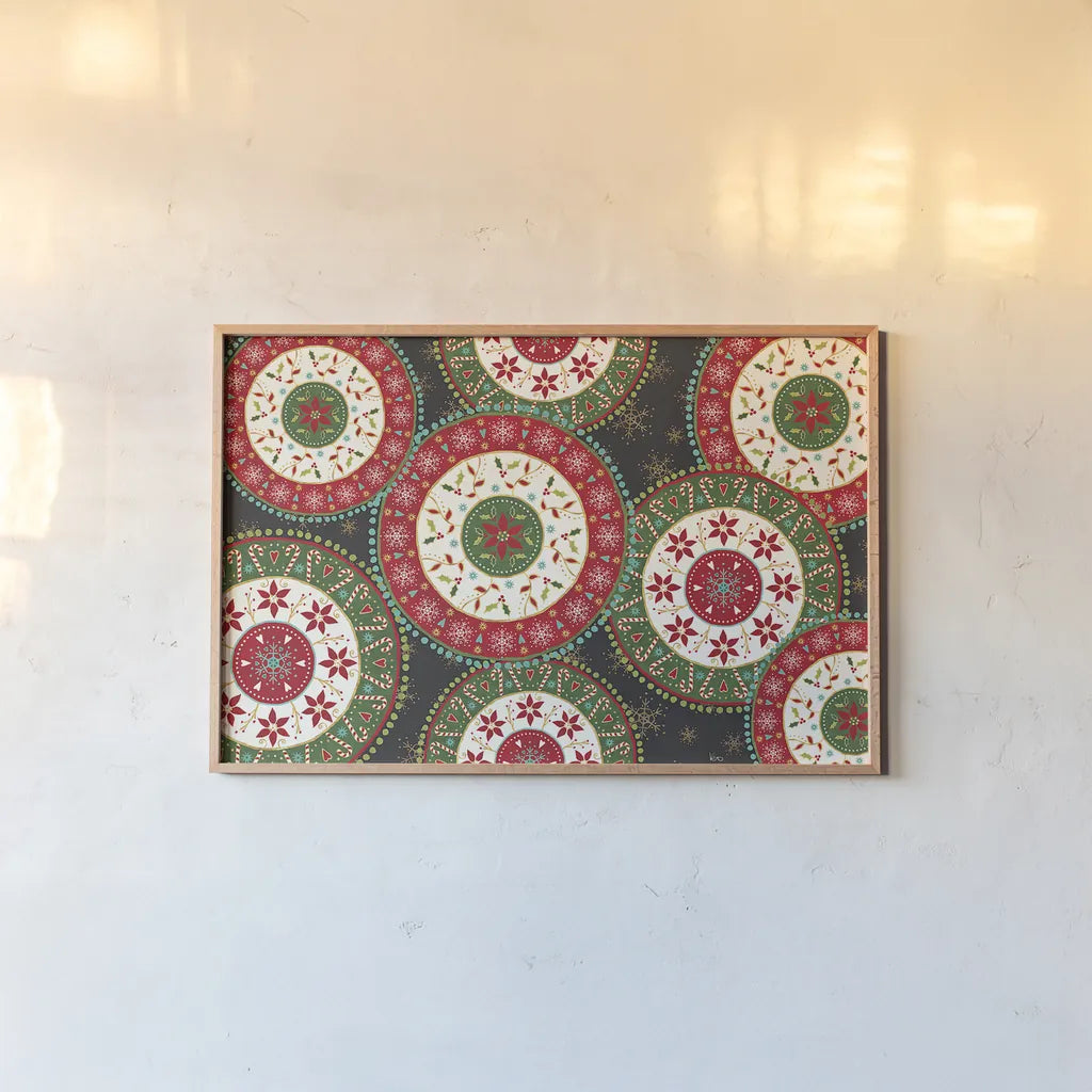 Otomi Holiday X Black by Veronique Charron. shown as a paper print in a natural frame. Available as a archival giclee rolled canvas, fine art paper, or poster print. SKU 45531i.