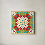 Otomi Holiday XI by Veronique Charron. Shown in a natural wood glass frame for a timeless modern aesthetic. Available as an archival giclee rolled canvas, fine art paper, or poster print. SKU 45524a.
