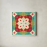 Otomi Holiday XI by Veronique Charron. Shown in a crisp white glass frame for a clean and minimalist style. Available as an archival giclee rolled canvas, fine art paper, or poster print. SKU 45524a.