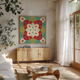 Otomi Holiday XI by Veronique Charron. Shown in a natural wood frame in a cozy modern living room. Available as an archival giclee rolled canvas, fine art paper, or poster print. SKU 45524a.