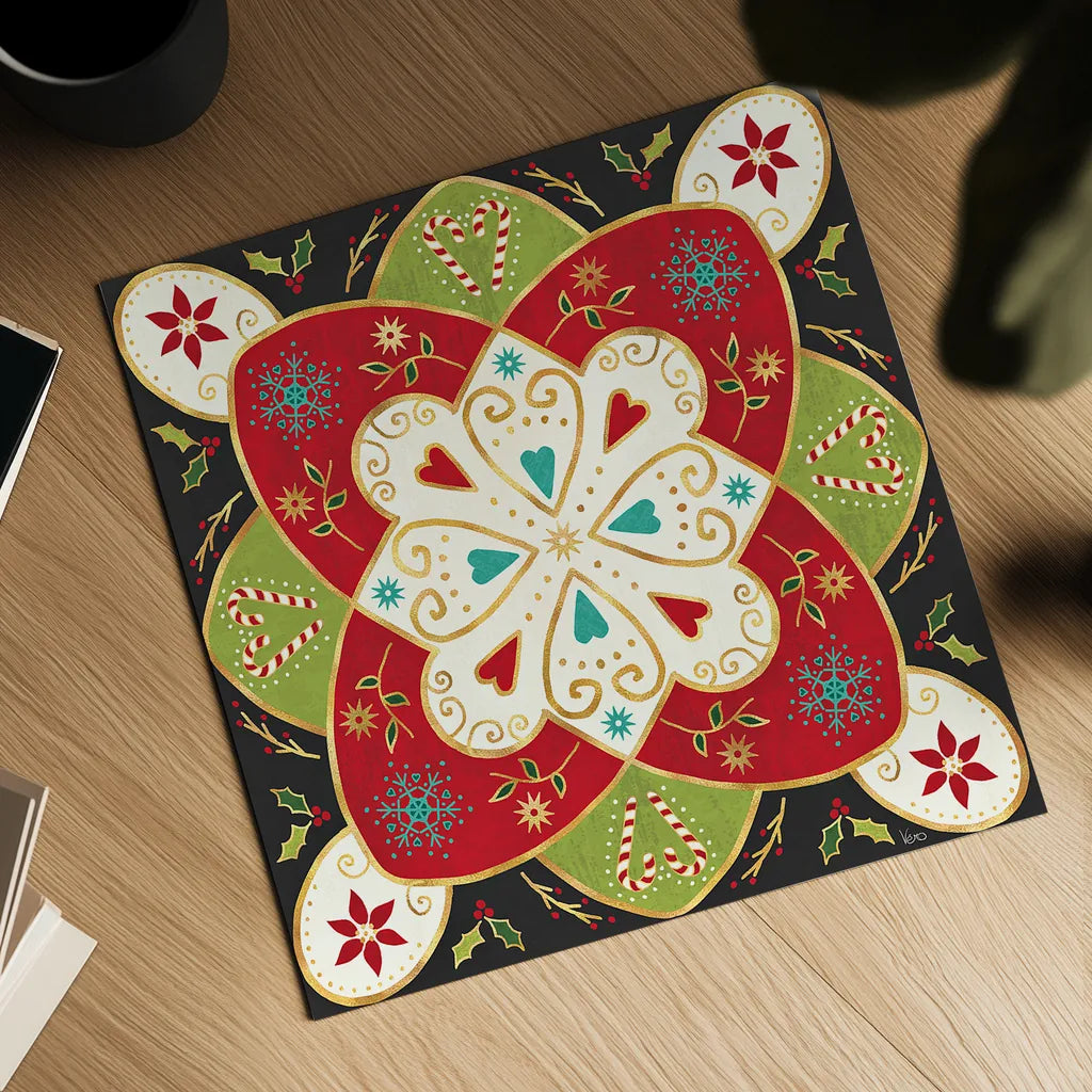 Otomi Holiday XI Black by Veronique Charron. Shown as a detailed flat fine art print, highlighting archival giclee quality. Available as an archival giclee rolled canvas, fine art paper, or poster print. SKU 45532a.