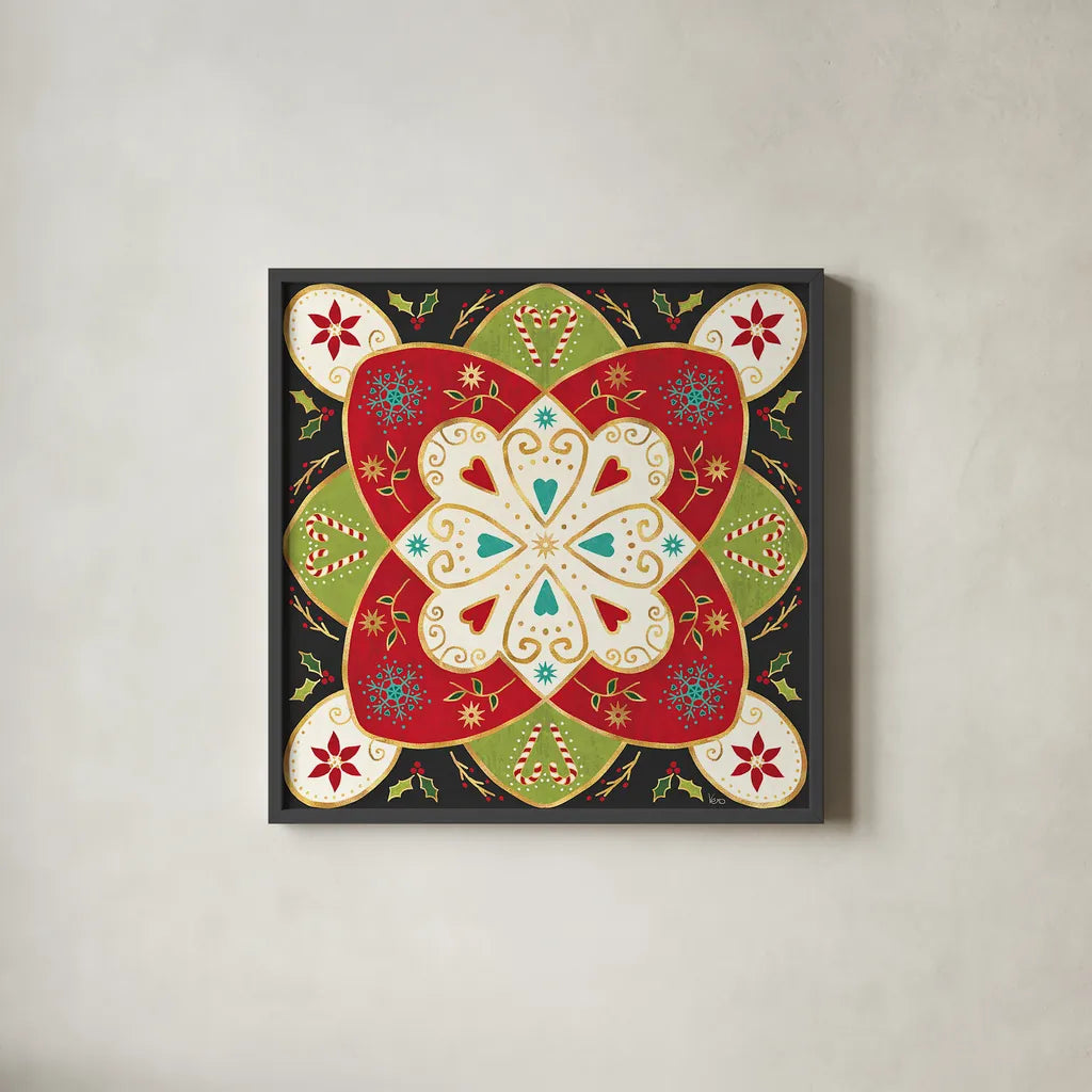 Otomi Holiday XI Black by Veronique Charron. Shown in a sleek black glass frame for a contemporary gallery look. Available as an archival giclee rolled canvas, fine art paper, or poster print. SKU 45532a.