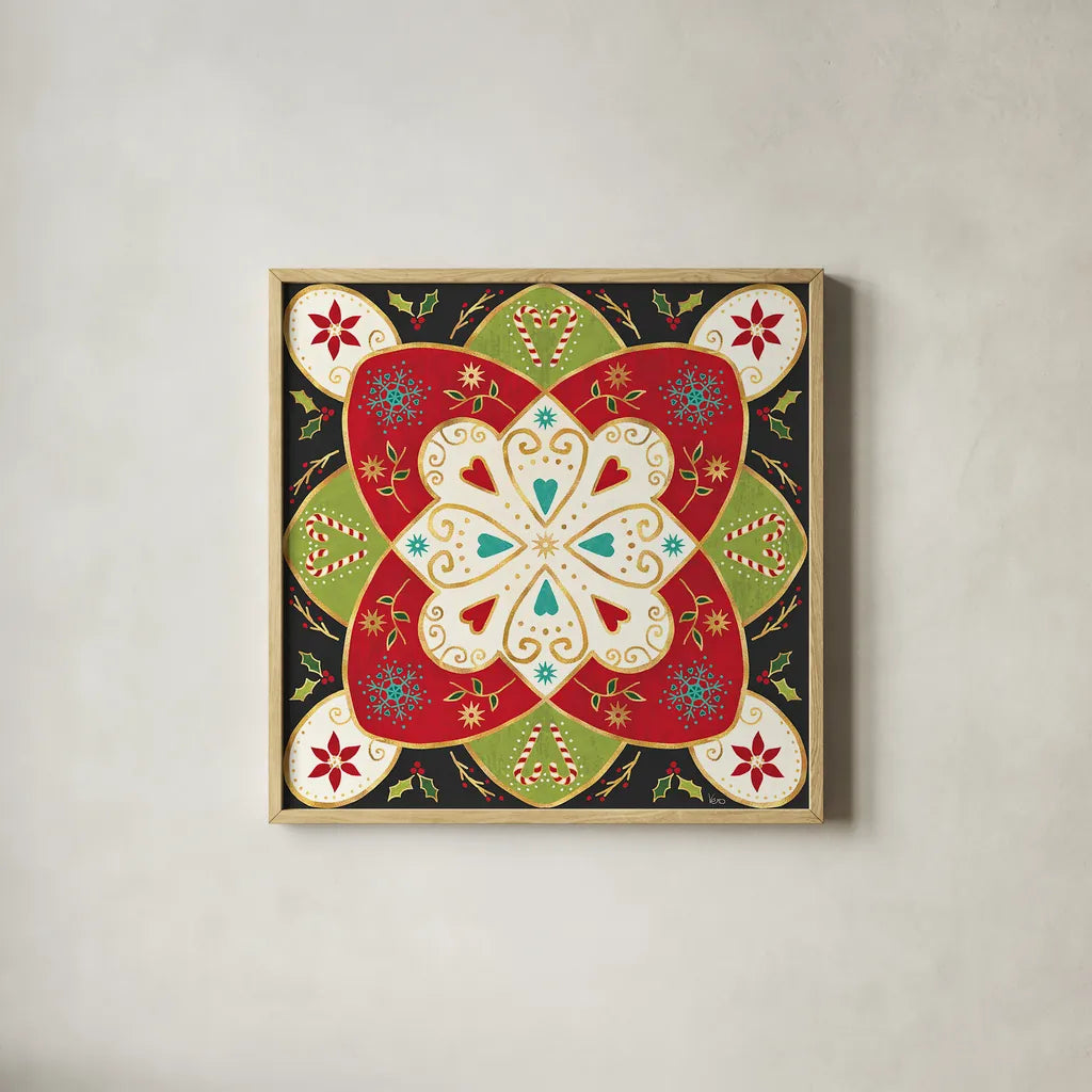 Otomi Holiday XI Black by Veronique Charron. Shown in a natural wood glass frame for a timeless modern aesthetic. Available as an archival giclee rolled canvas, fine art paper, or poster print. SKU 45532a.