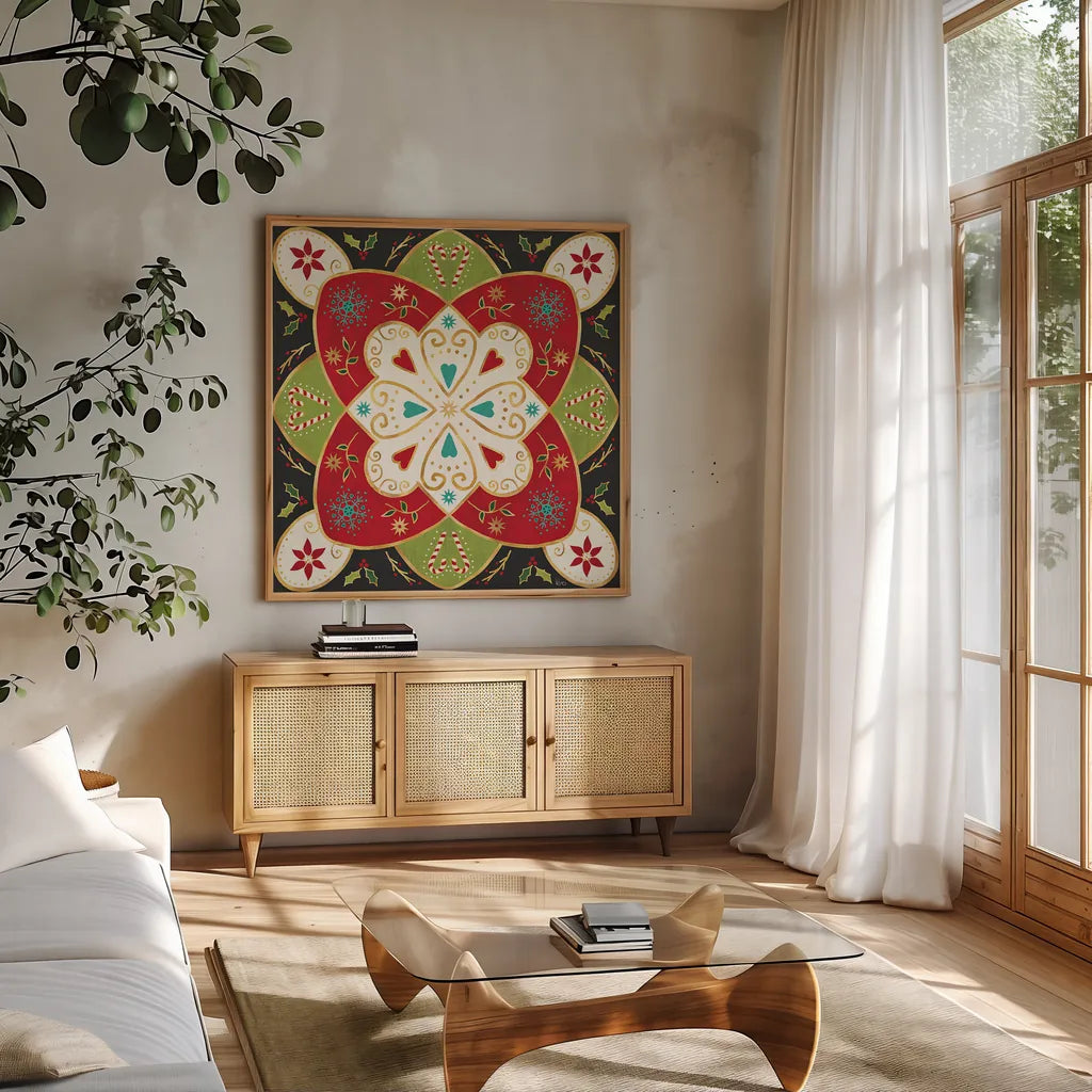 Otomi Holiday XI Black by Veronique Charron. Shown in a natural wood frame in a cozy modern living room. Available as an archival giclee rolled canvas, fine art paper, or poster print. SKU 45532a.