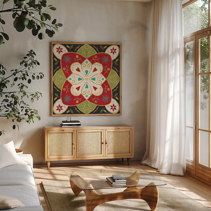 Otomi Holiday XI Black by Veronique Charron. Shown in a natural wood frame in a cozy modern living room. Available as an archival giclee rolled canvas, fine art paper, or poster print. SKU 45532a.