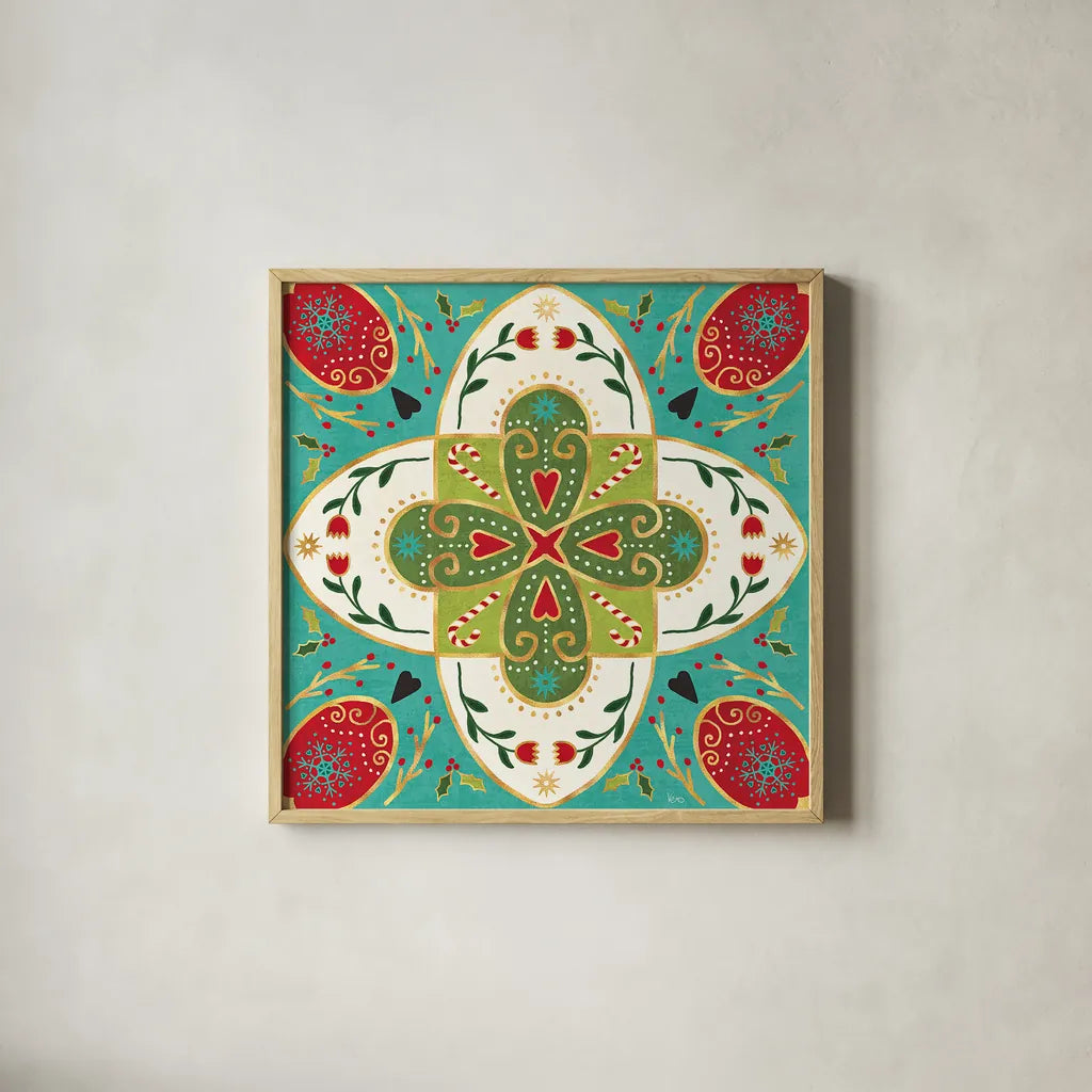 Otomi Holiday XII by Veronique Charron. Shown in a natural wood glass frame for a timeless modern aesthetic. Available as an archival giclee rolled canvas, fine art paper, or poster print. SKU 45525a.