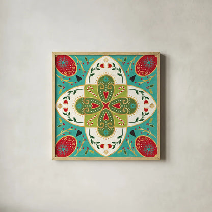 Otomi Holiday XII by Veronique Charron. Shown in a natural wood glass frame for a timeless modern aesthetic. Available as an archival giclee rolled canvas, fine art paper, or poster print. SKU 45525a.