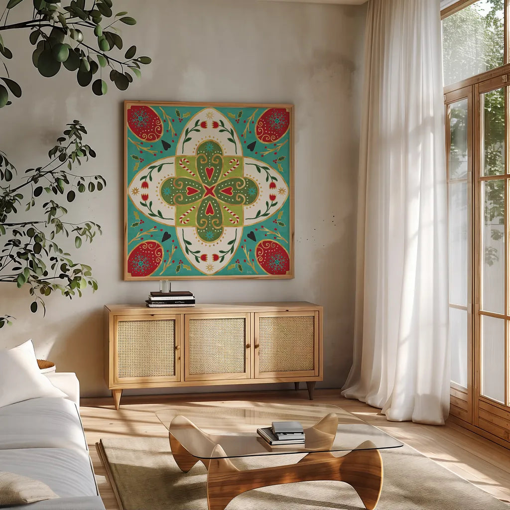 Otomi Holiday XII by Veronique Charron. Shown in a natural wood frame in a cozy modern living room. Available as an archival giclee rolled canvas, fine art paper, or poster print. SKU 45525a.