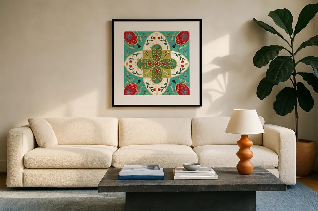 Otomi Holiday XII by Veronique Charron. Displayed in a glass frame with matte in a clean modern living room. Available as an archival giclee rolled canvas, fine art paper, or poster print. SKU 45525a.
