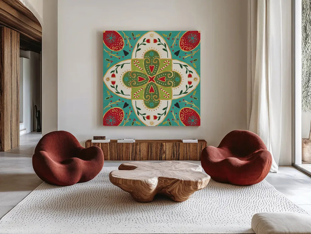 Otomi Holiday XII by Veronique Charron. Shown as extra-large giant wall art in a modern living room. Available as an archival giclee rolled canvas, fine art paper, or poster print. SKU 45525a.