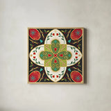 Otomi Holiday XII Black by Veronique Charron. Shown in a natural wood glass frame for a timeless modern aesthetic. Available as an archival giclee rolled canvas, fine art paper, or poster print. SKU 45533a.