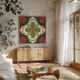 Otomi Holiday XII Black by Veronique Charron. Shown in a natural wood frame in a cozy modern living room. Available as an archival giclee rolled canvas, fine art paper, or poster print. SKU 45533a.