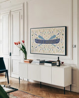 Otomi Lake I by Veronique Charron. shown as a framed stretched canvas in a living room above a console. Available as a archival giclee rolled canvas, fine art paper, or poster print. SKU 46437i.