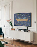 Otomi Lake I Dark by Veronique Charron. shown as a framed stretched canvas in a living room above a console. Available as a archival giclee rolled canvas, fine art paper, or poster print. SKU 46448i.