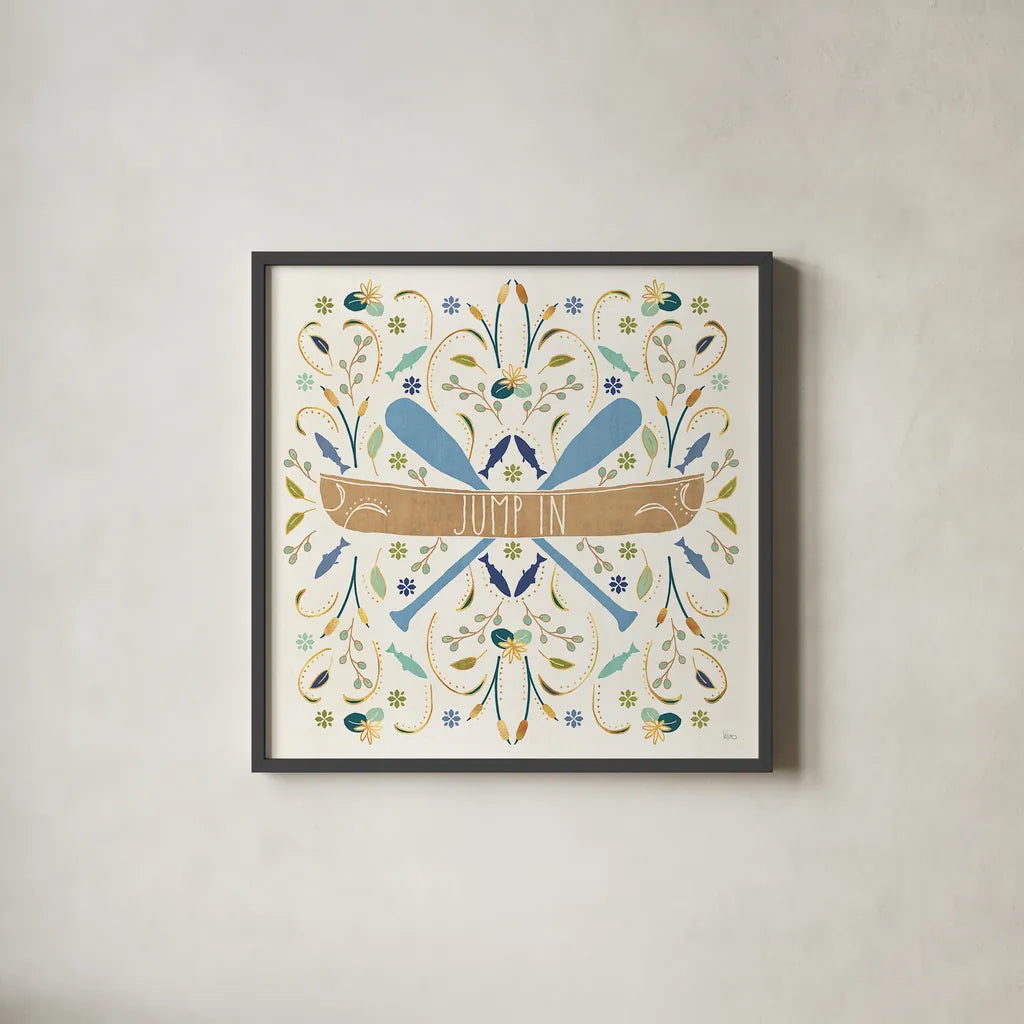 Otomi Lake III by Veronique Charron. Shown in a sleek black glass frame for a contemporary gallery look. Available as an archival giclee rolled canvas, fine art paper, or poster print. SKU 46439a.