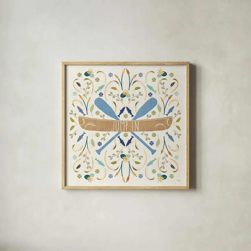 Otomi Lake III by Veronique Charron. Shown in a natural wood glass frame for a timeless modern aesthetic. Available as an archival giclee rolled canvas, fine art paper, or poster print. SKU 46439a.
