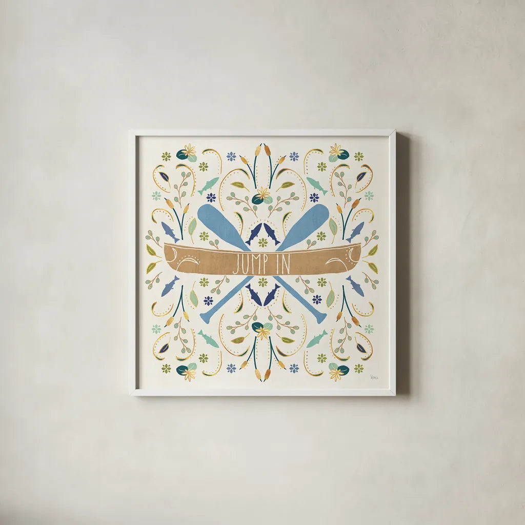 Otomi Lake III by Veronique Charron. Shown in a crisp white glass frame for a clean and minimalist style. Available as an archival giclee rolled canvas, fine art paper, or poster print. SKU 46439a.