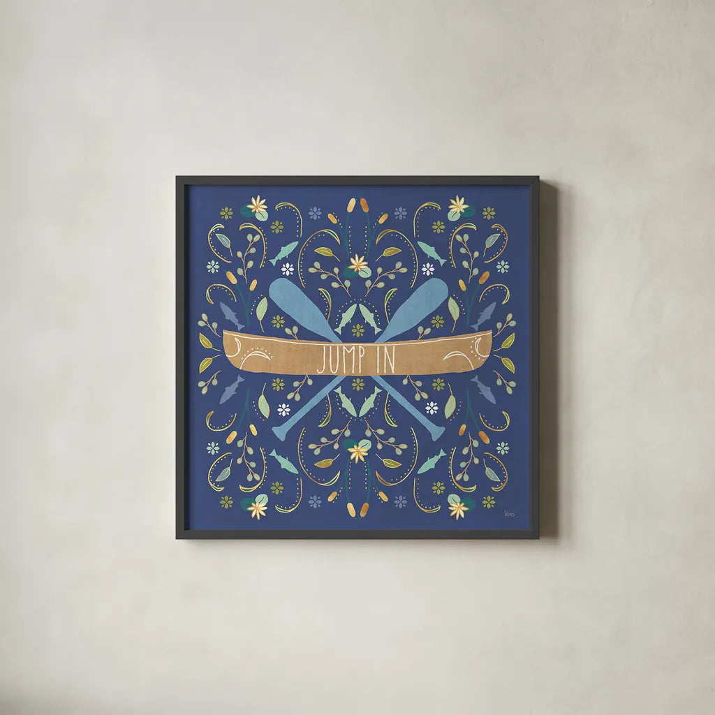 Otomi Lake III Dark by Veronique Charron. Shown in a sleek black glass frame for a contemporary gallery look. Available as an archival giclee rolled canvas, fine art paper, or poster print. SKU 46450a.