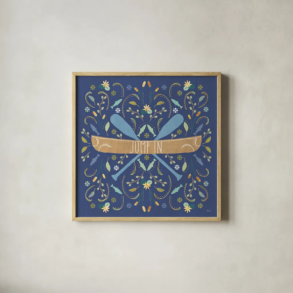 Otomi Lake III Dark by Veronique Charron. Shown in a natural wood glass frame for a timeless modern aesthetic. Available as an archival giclee rolled canvas, fine art paper, or poster print. SKU 46450a.